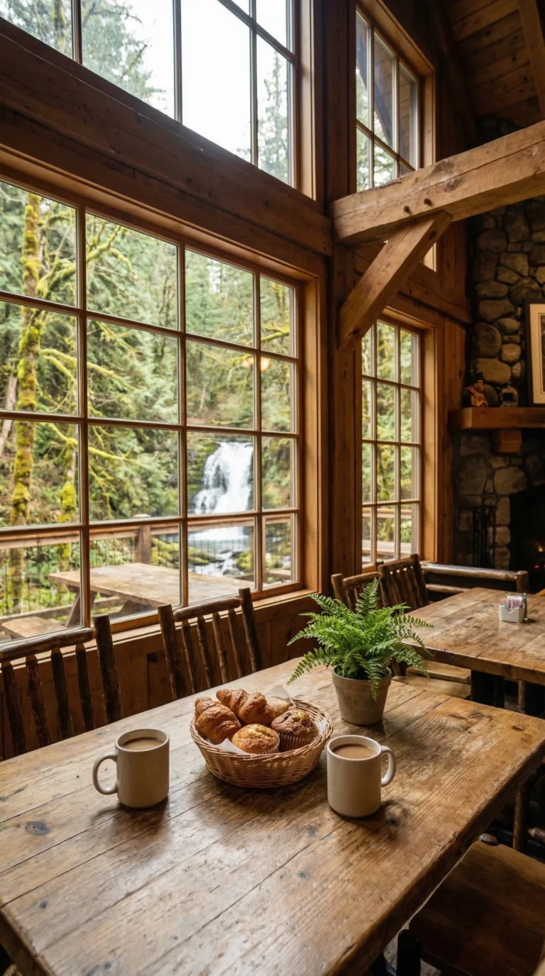 Coffee and pastries at South Falls Cafe with forest view at Silver Falls State Park Oregon