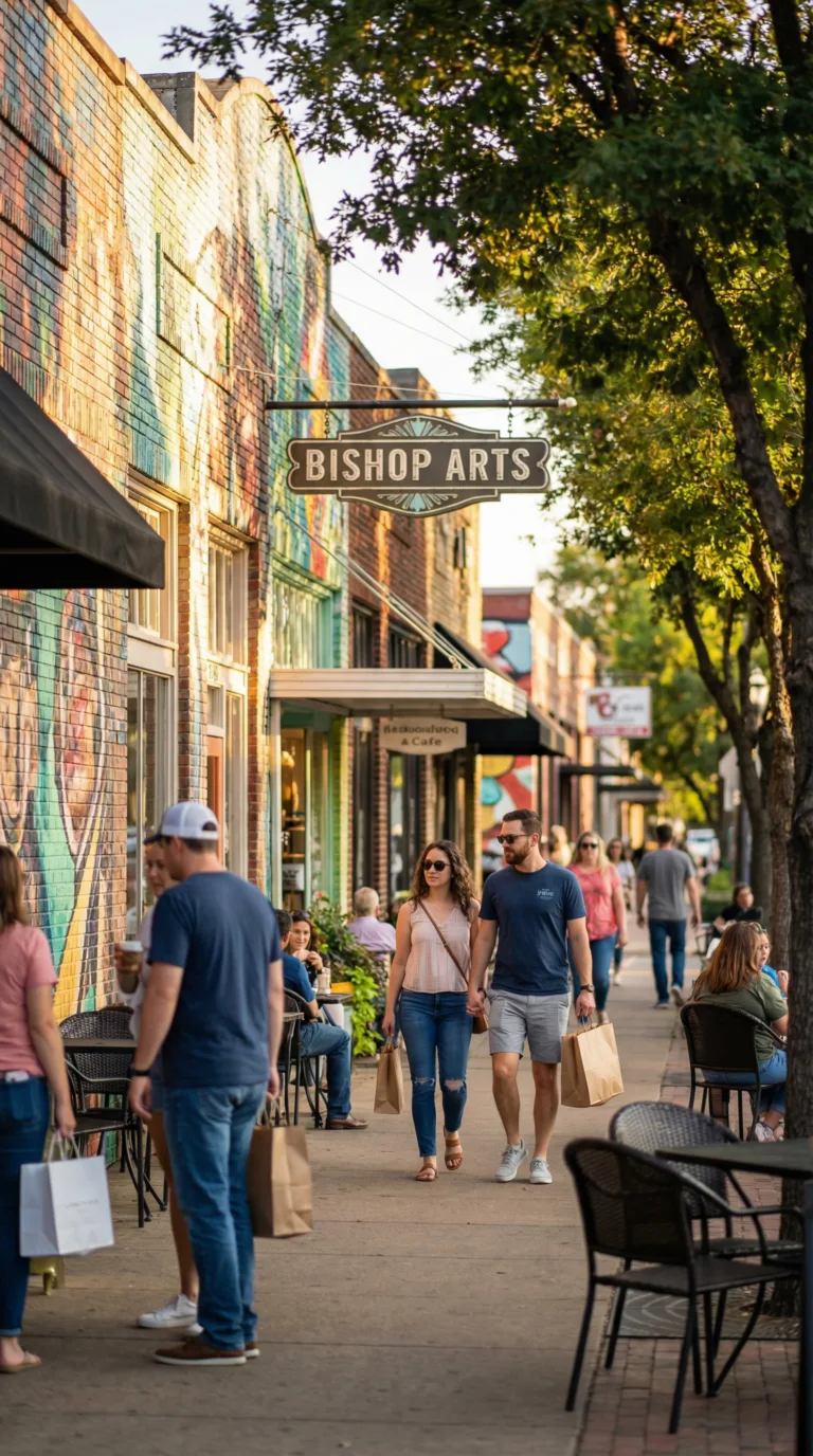 Colorful Bishop Arts District street with murals, shops, and pedestrians in Dallas
