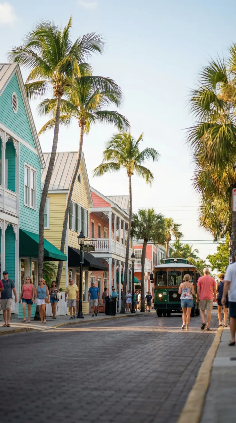 Colorful historic buildings and palm trees on Duval Street in Key West