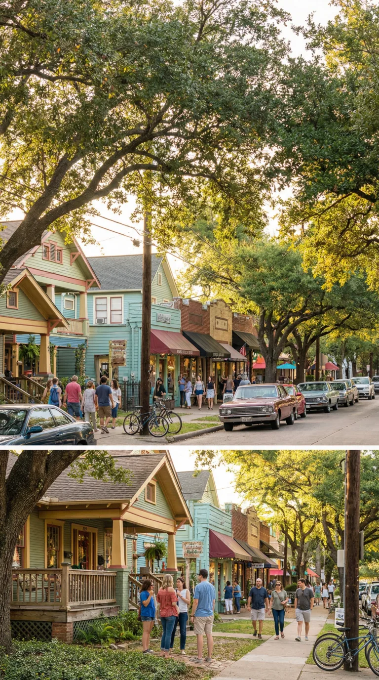 Colorful historic homes and shops in Houston's Montrose neighborhood