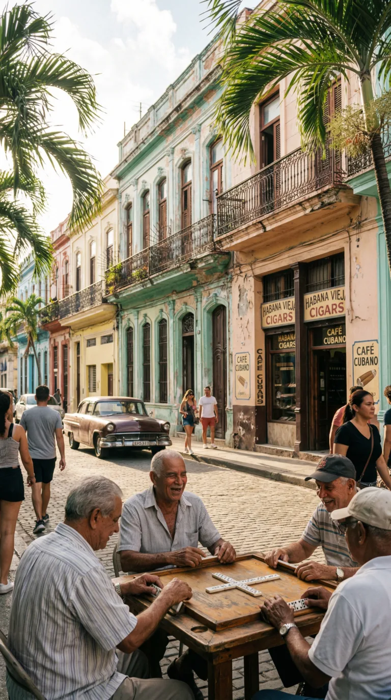 Colorful street scene in Little Havana with Cuban architecture and locals playing dominoes