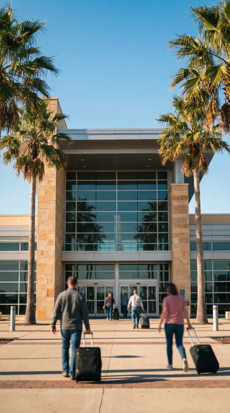 Corpus Christi International Airport terminal entrance with palm trees