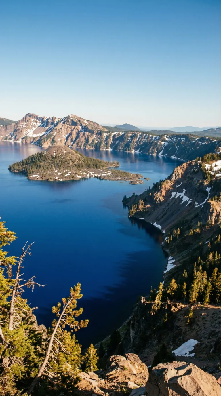 Crater Lake National Park deep blue water and Wizard Island from rim viewpoint