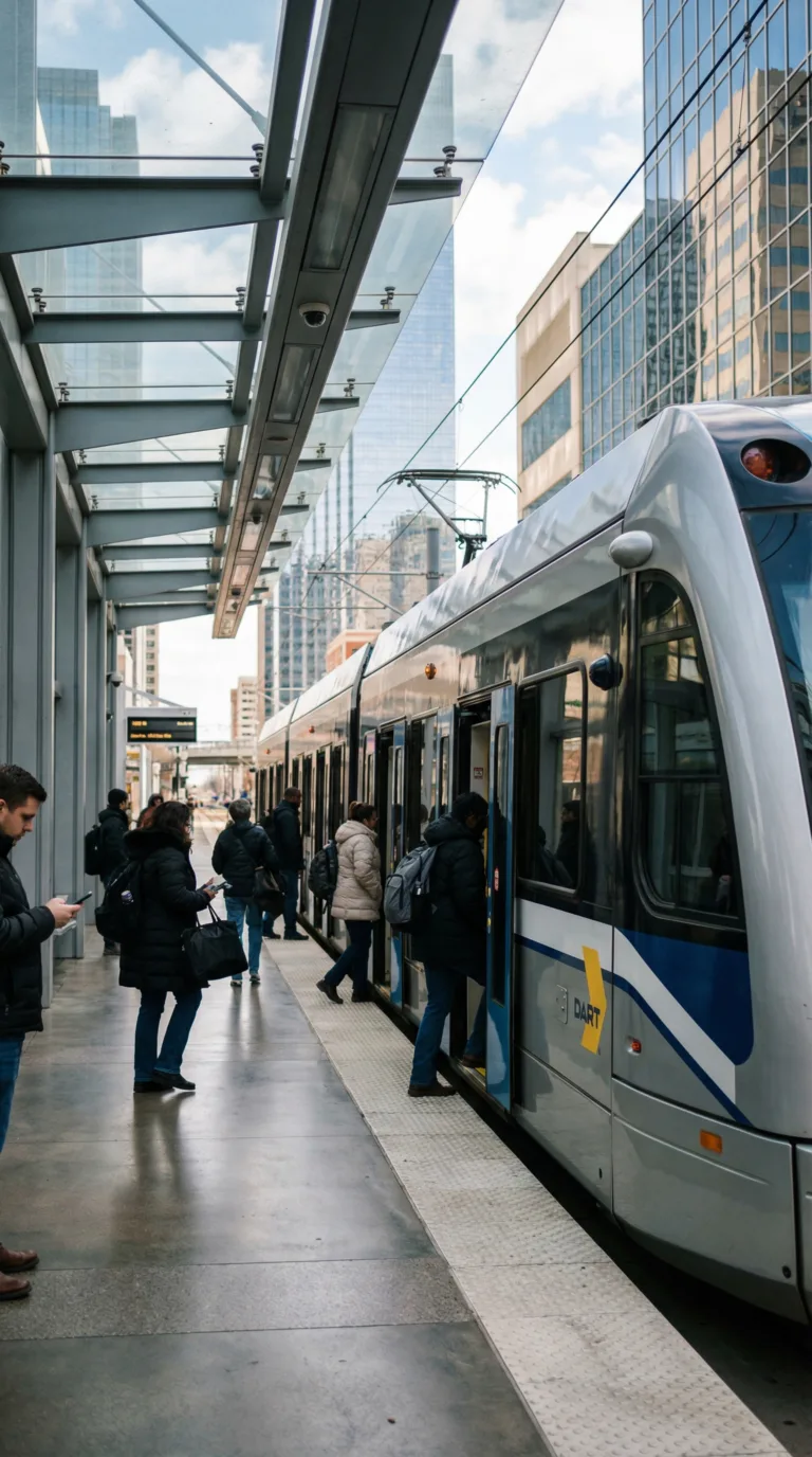 Dallas DART light rail train at downtown station with passengers boarding