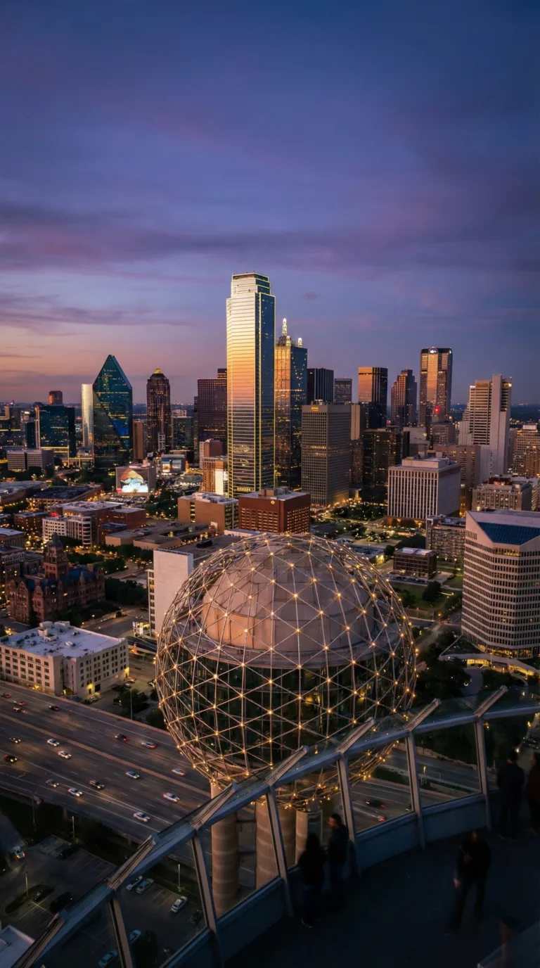 Dallas skyline at dusk from Reunion Tower observation deck
