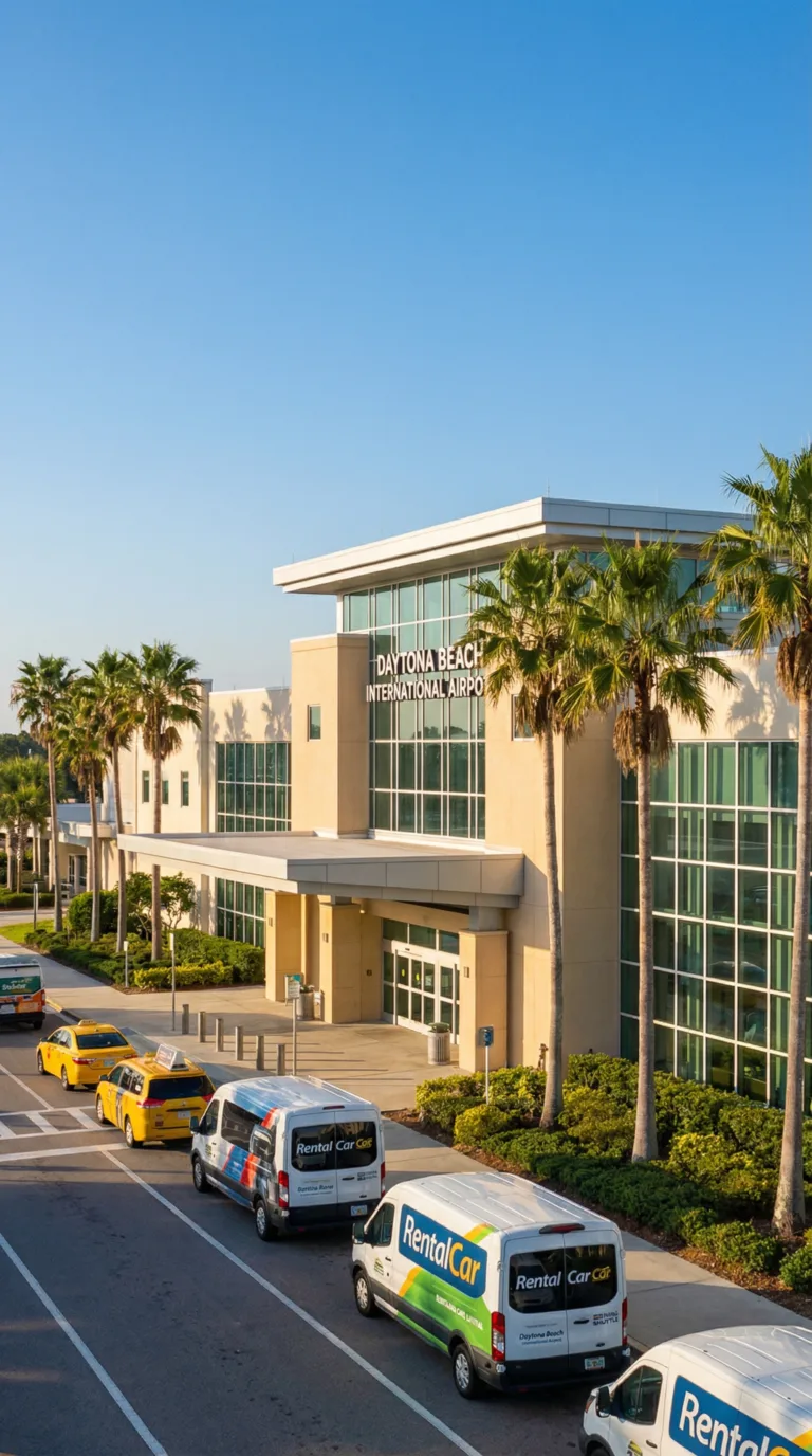 Daytona Beach International Airport terminal exterior with palm trees and transportation