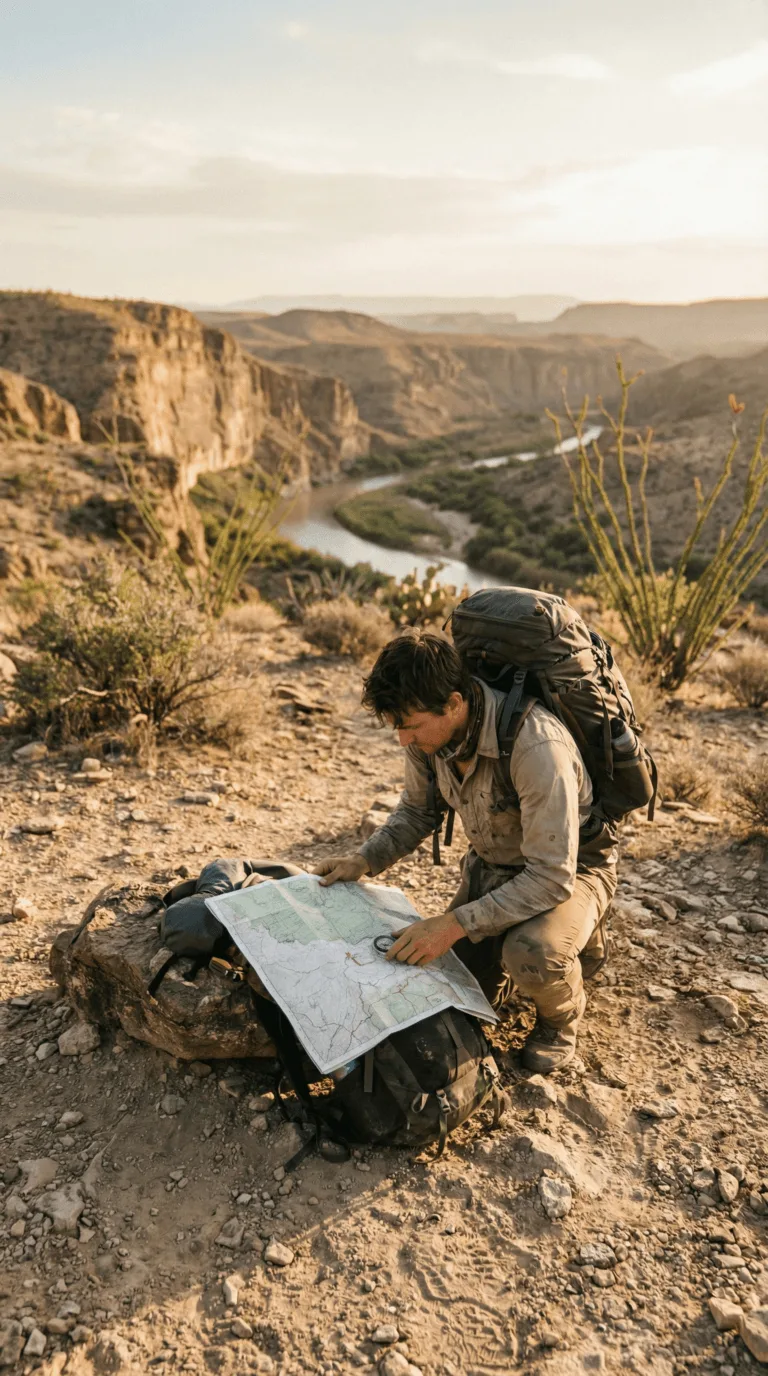 Desert hiking trail with sun hat, water bottle, and hiking boots on rocky terrain