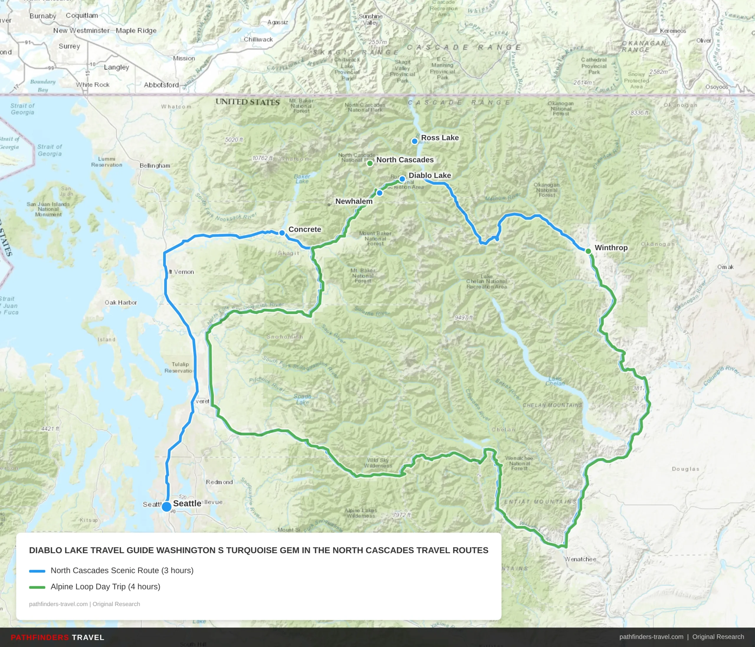 Map showing travel routes for Diablo Lake: Washington's Turquoise Gem in the North Cascades with road trip itineraries