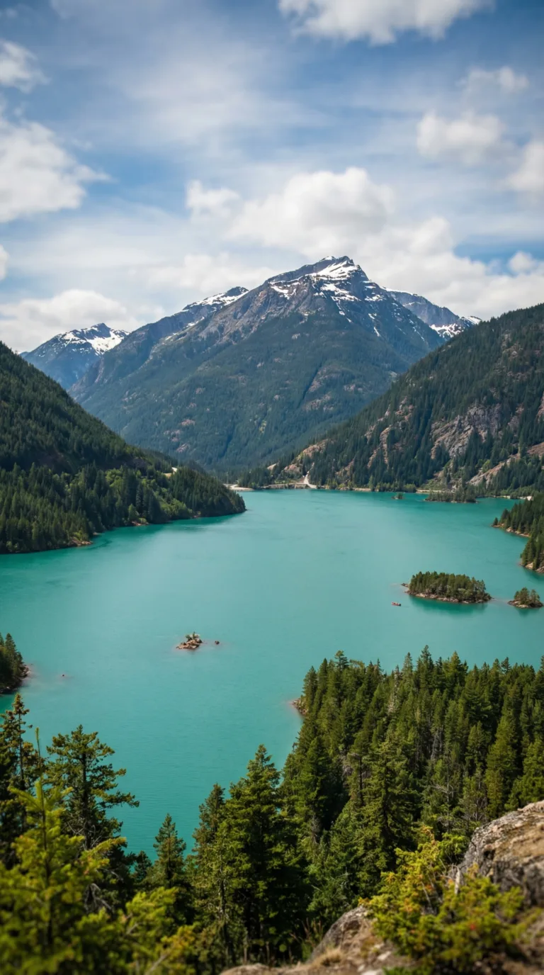 Diablo Lake turquoise water view from overlook with North Cascades peaks