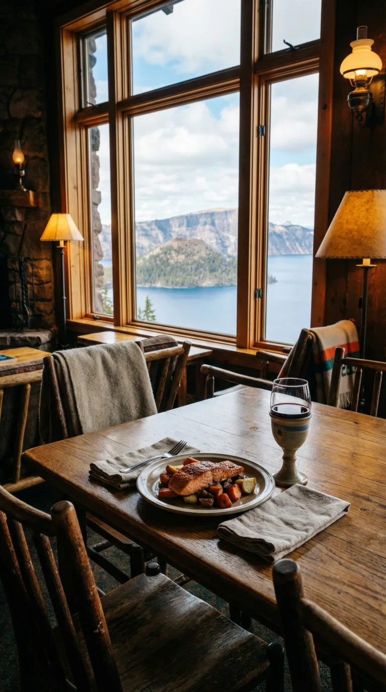 Dining table with Pacific Northwest meal at Crater Lake Lodge overlooking the lake