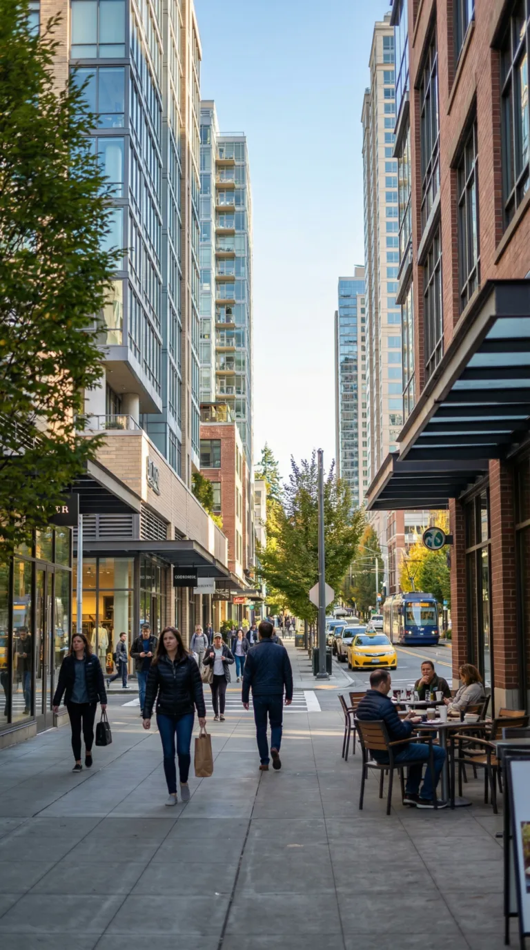 Downtown Bellevue street scene with modern buildings and pedestrians