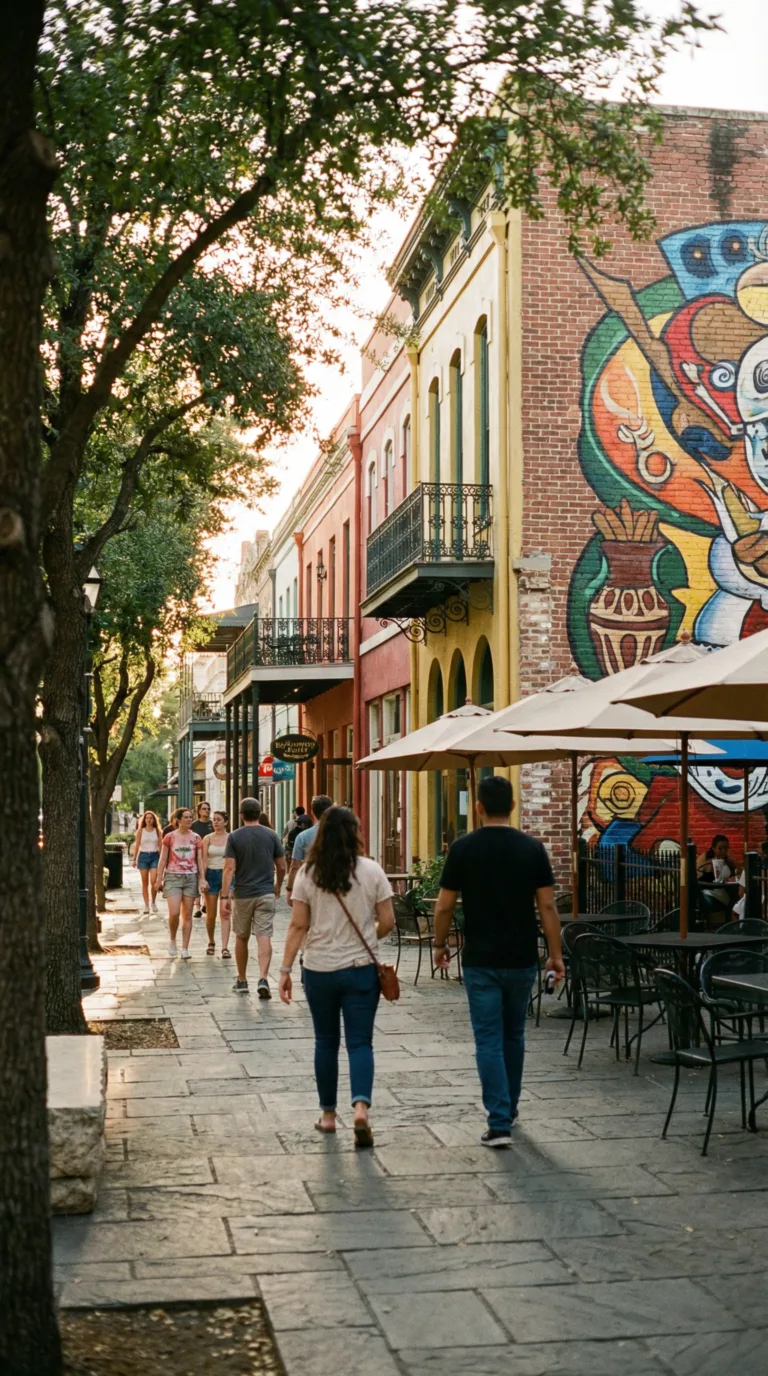 Downtown San Antonio historic district with colorful Spanish colonial architecture and street cafes