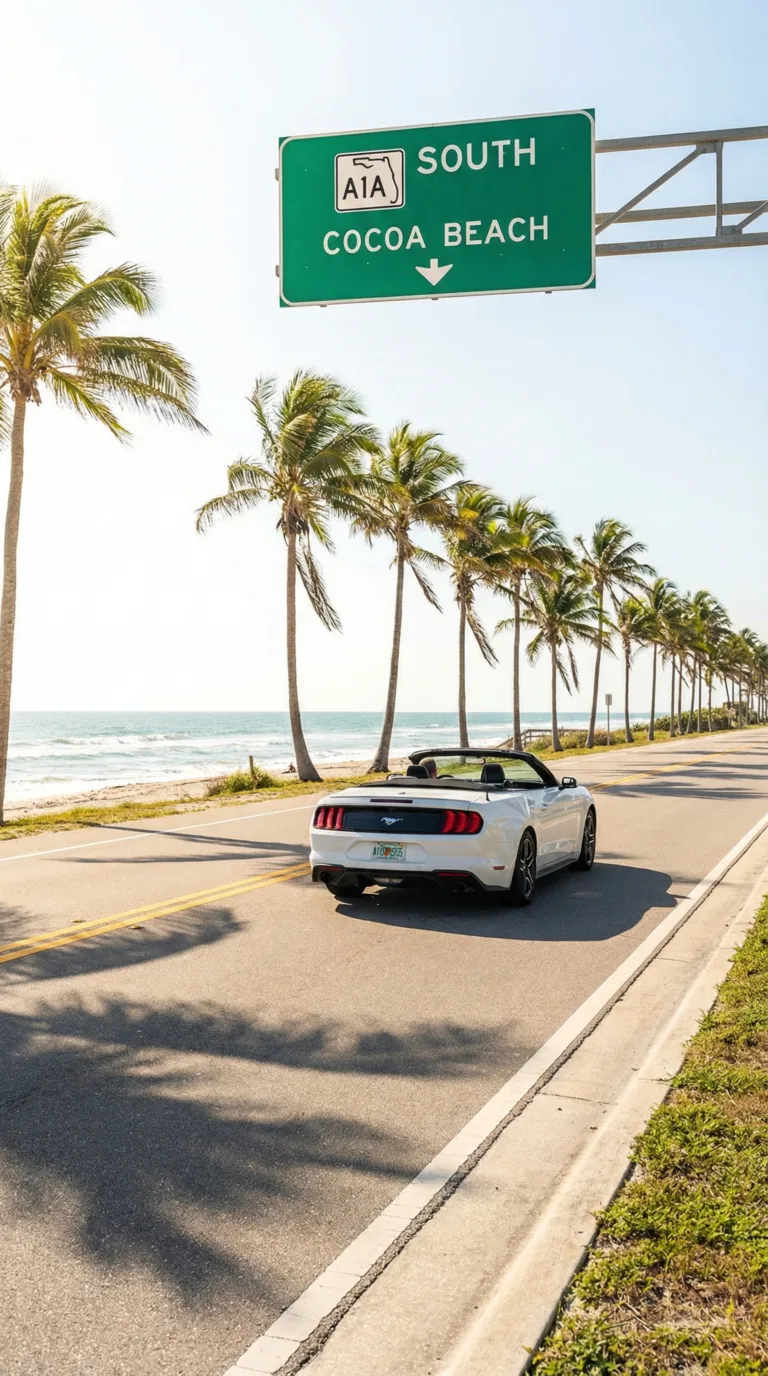 Driving along A1A coastal highway in Cocoa Beach with ocean views and palm trees