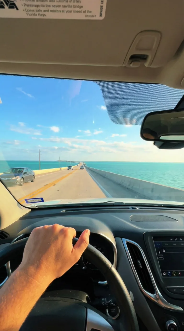 Driving on Seven Mile Bridge Overseas Highway Florida Keys with ocean views