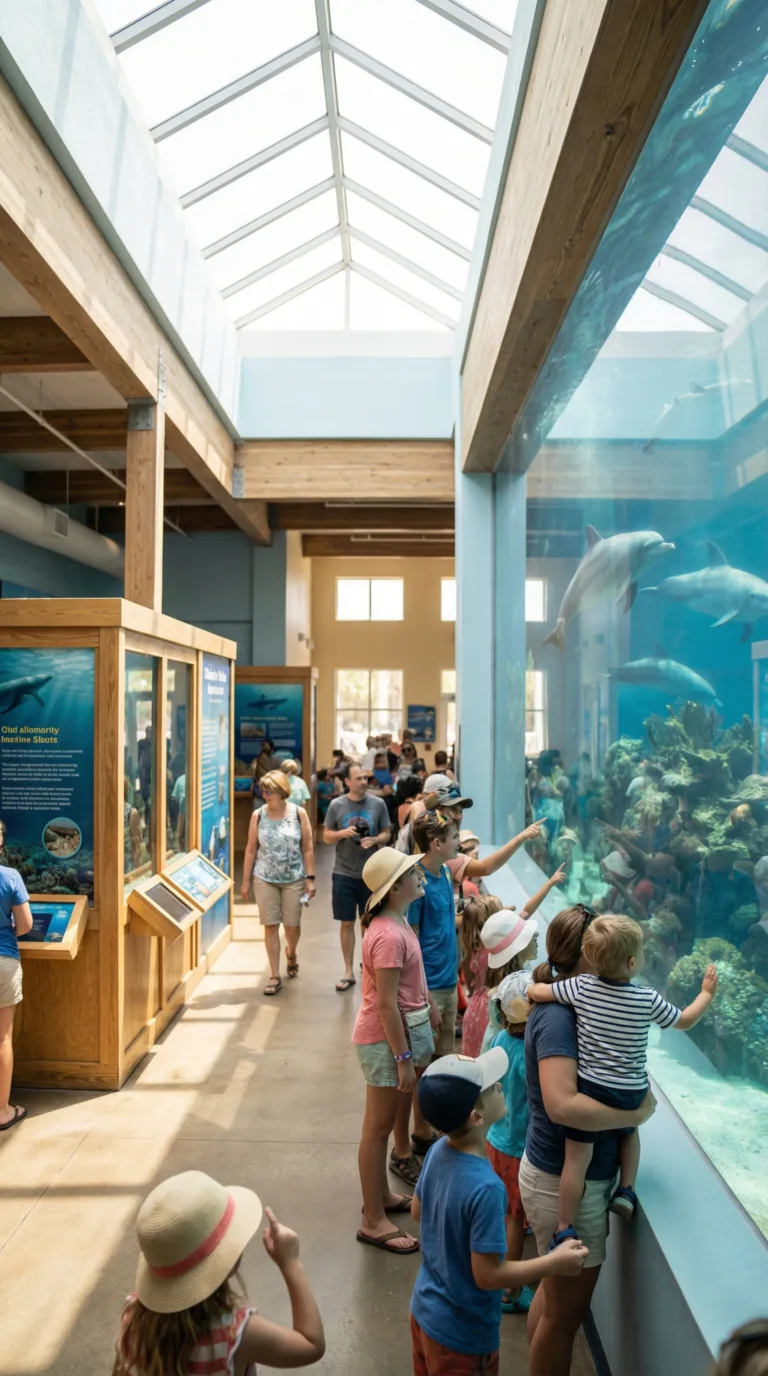 Families watching dolphins at Clearwater Marine Aquarium indoor exhibit