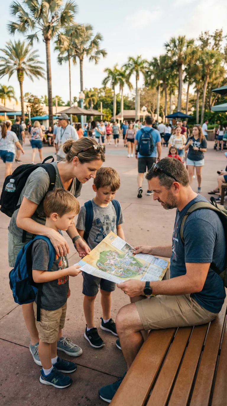 Family planning their Orlando theme park visit with map at outdoor plaza