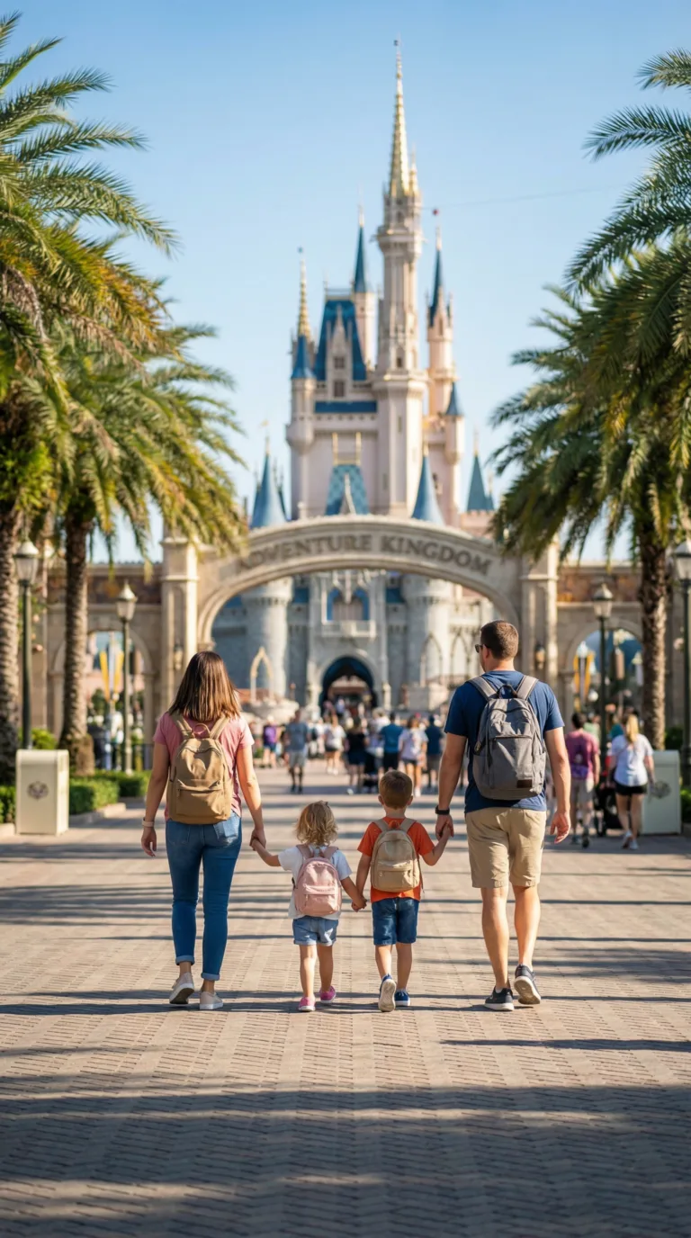Family walking toward theme park castle entrance in Orlando with palm trees and blue sky