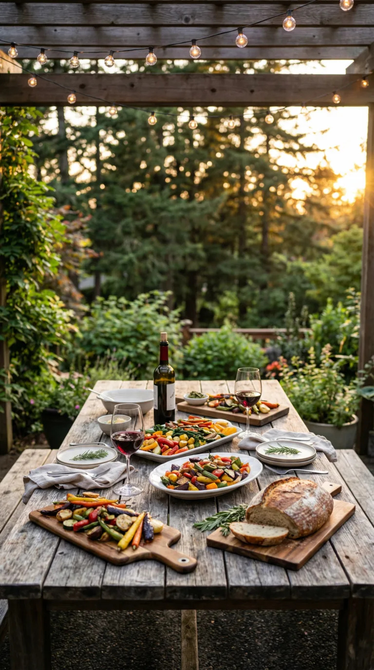 Farm to table dining spread at Ashland Oregon restaurant patio