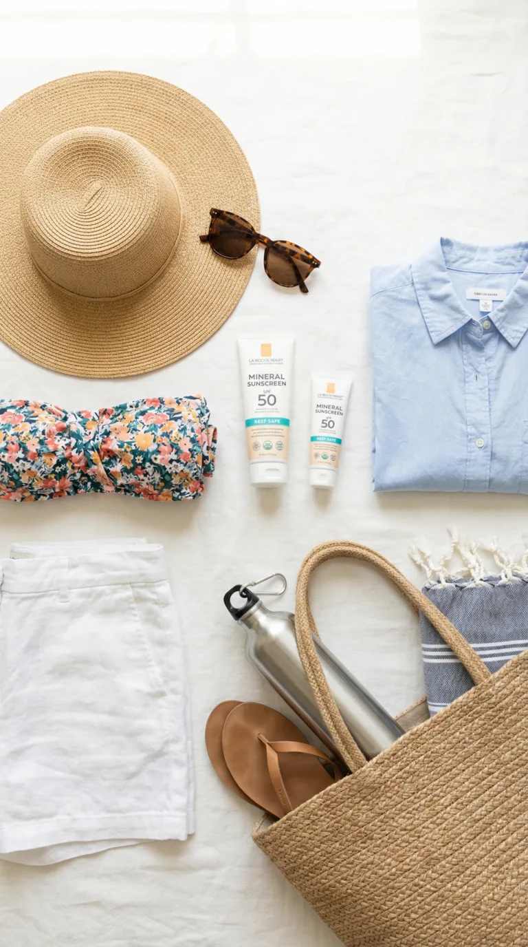 Flat lay of Florida travel packing essentials including sunscreen, sunglasses, swimsuit, and sun hat