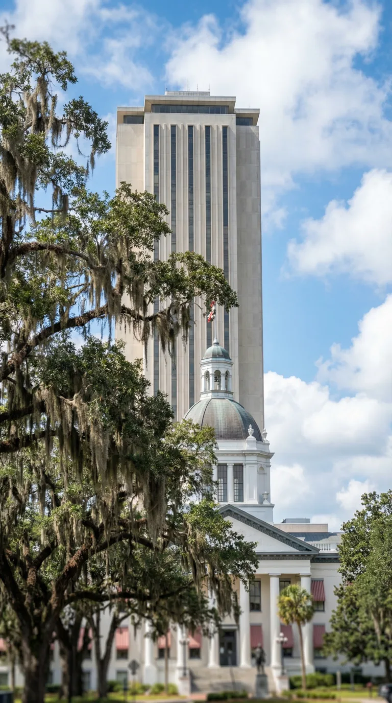 Florida State Capitol building in Tallahassee with Spanish moss oak trees in foreground