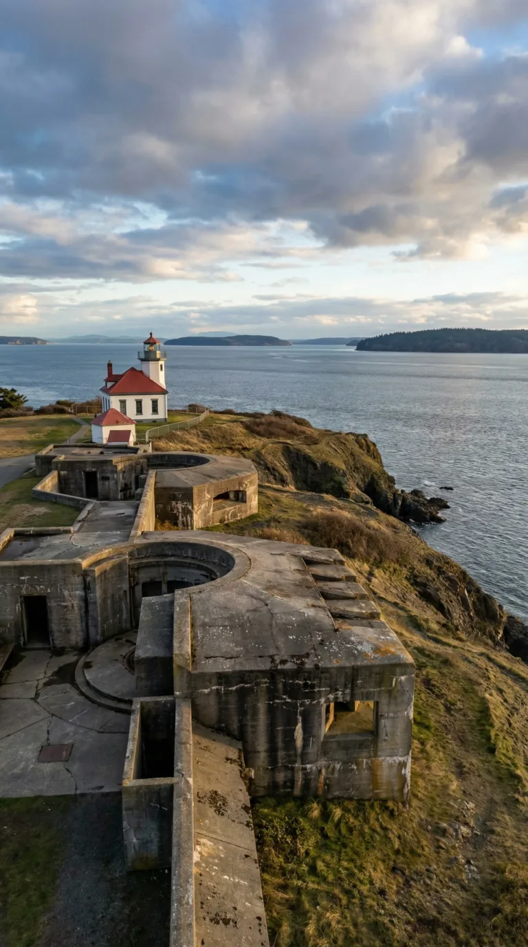 Fort Casey historic fortifications and lighthouse on Whidbey Island Washington coast