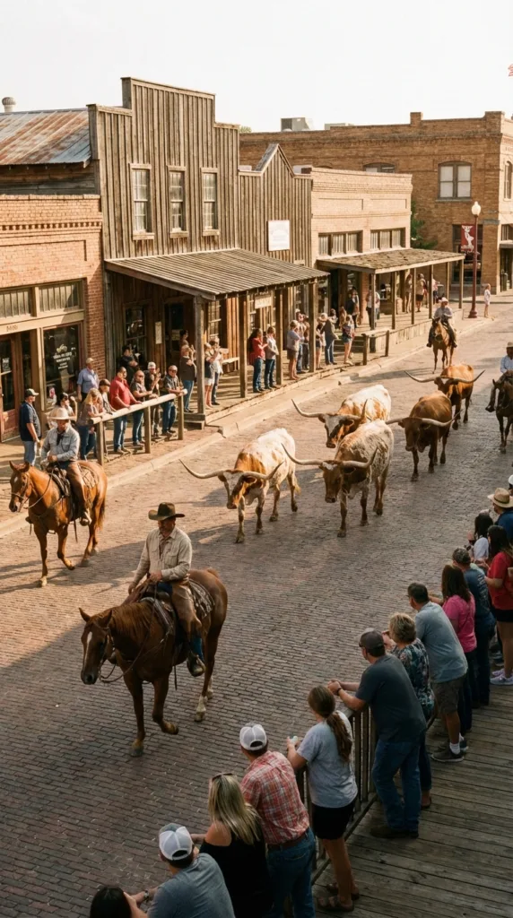 Fort Worth Stockyards historic district with Western buildings and cattle drive
