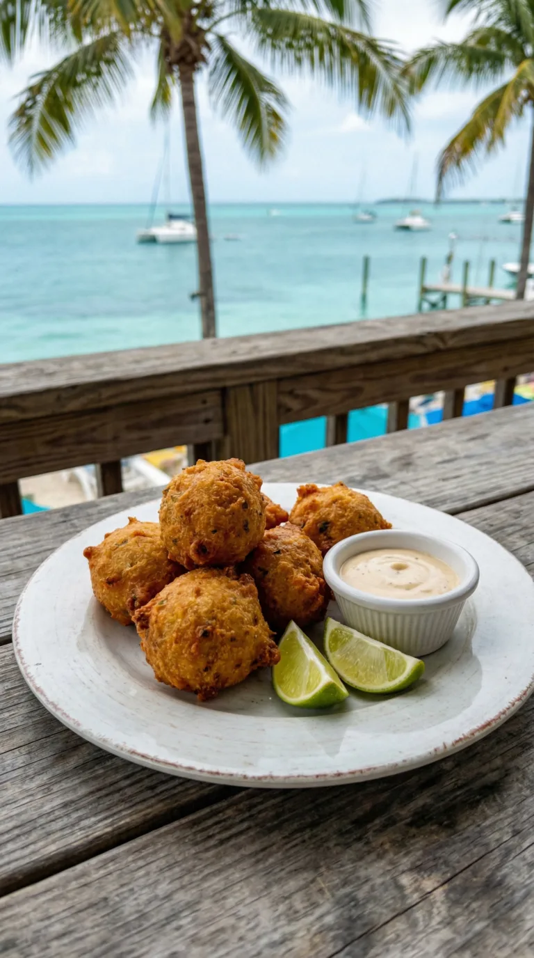 Fresh conch fritters served at a Key West waterfront restaurant with lime and sauce
