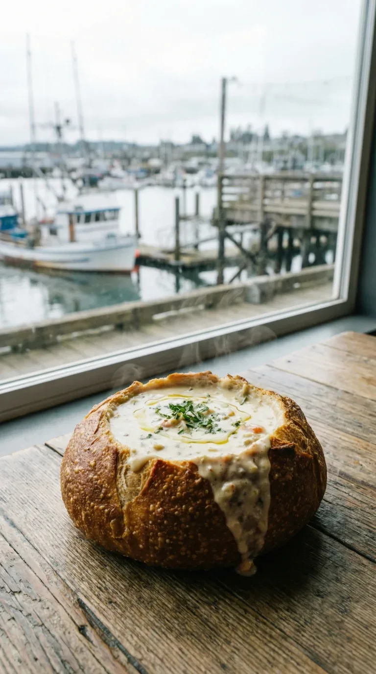 Fresh Dungeness crab and clam chowder in sourdough bread bowl at Newport restaurant