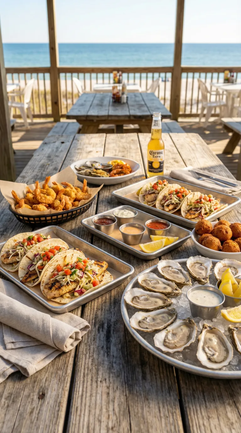 Fresh Gulf Coast seafood platter with shrimp, fish tacos, and oysters at Galveston Island restaurant