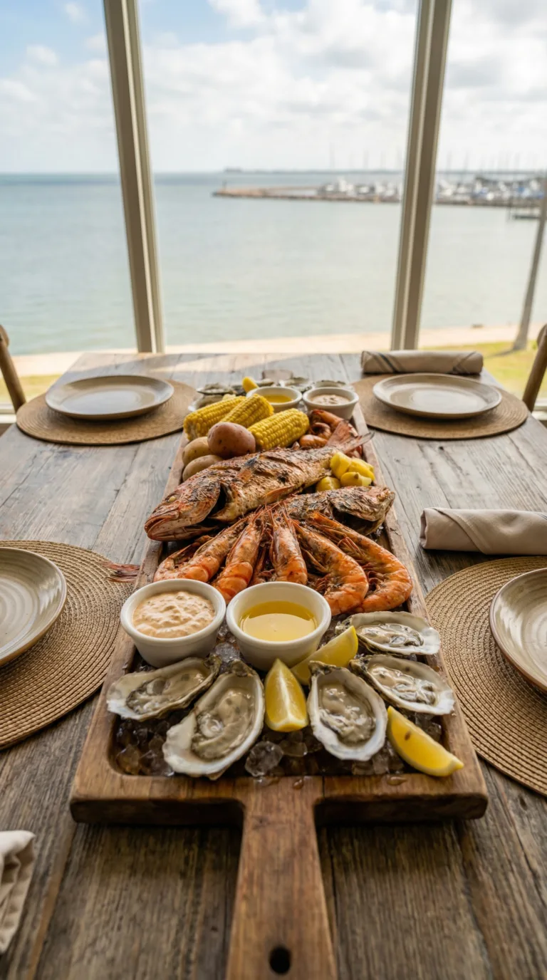 Fresh Gulf seafood platter at a Corpus Christi waterfront restaurant