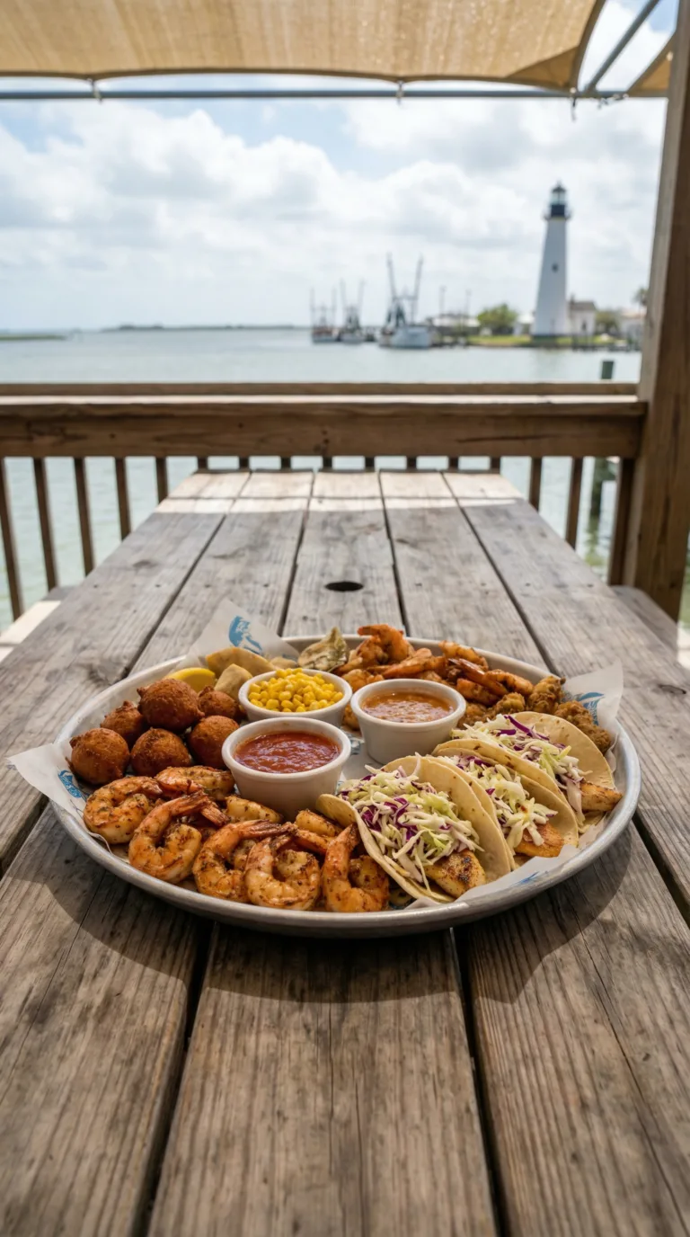 Fresh Gulf seafood platter at Port Isabel Texas waterfront restaurant