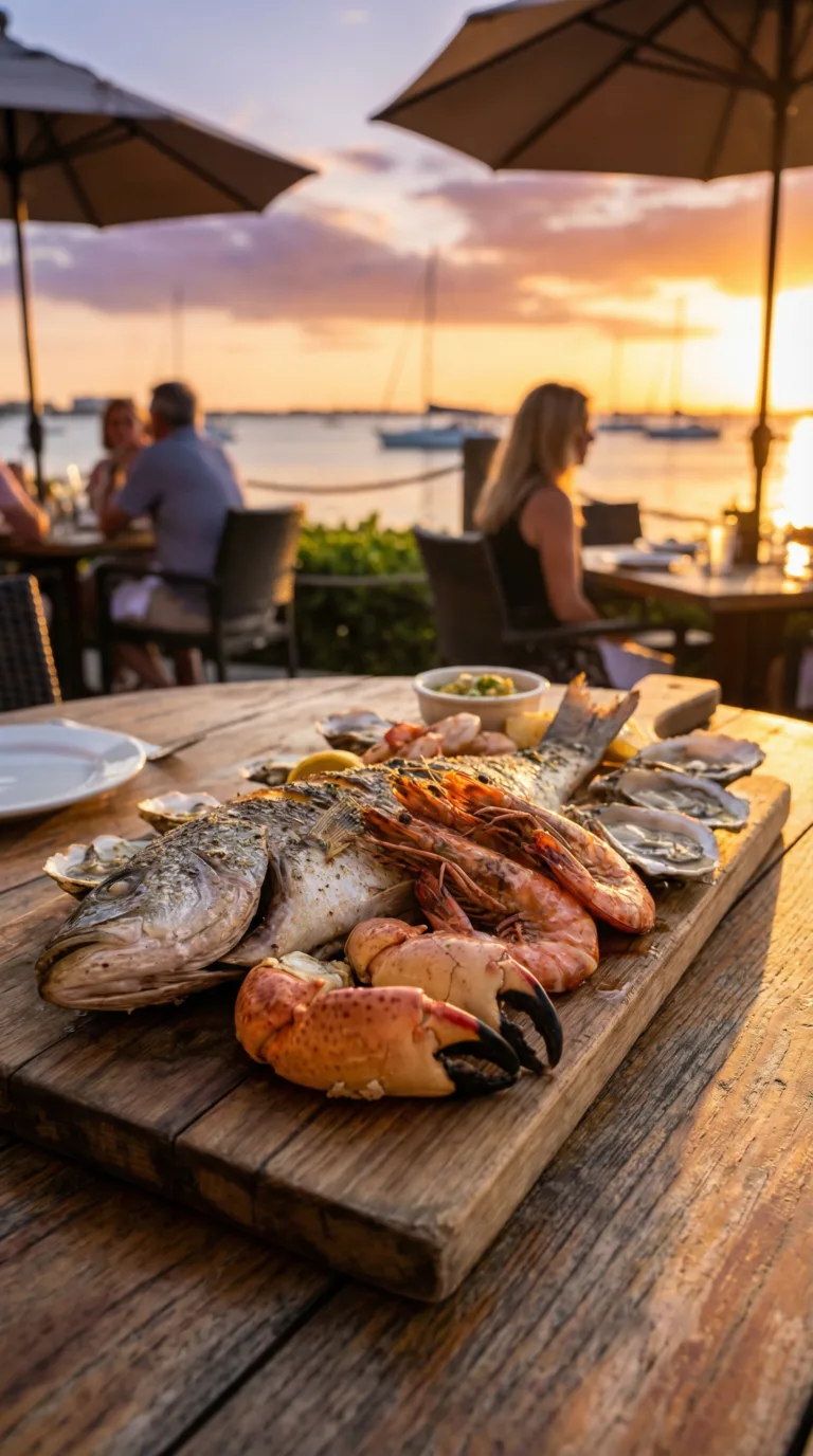 Fresh Gulf seafood platter at waterfront restaurant in Sarasota at sunset