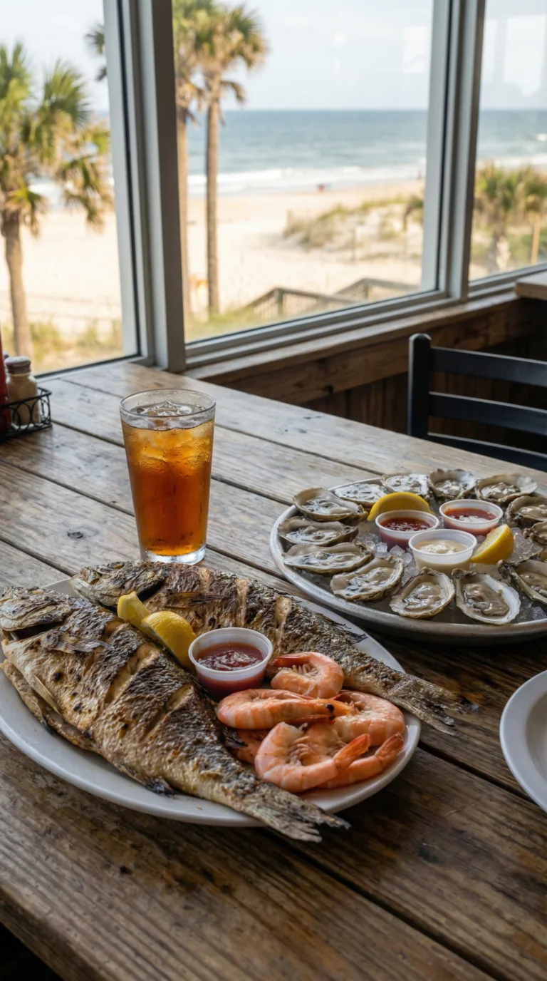 Fresh seafood platter at a Daytona Beach oceanfront restaurant with ocean view