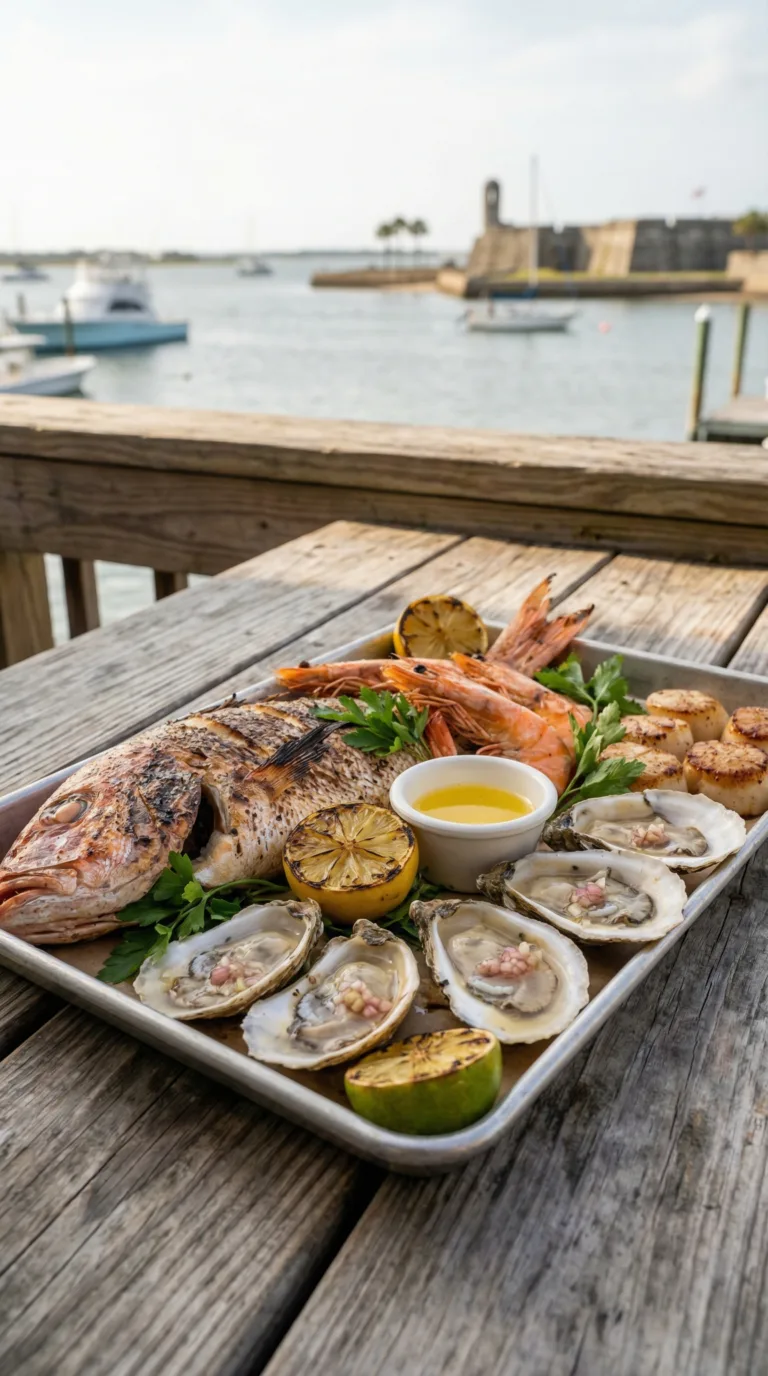 Fresh seafood platter with grilled fish and oysters at St. Augustine waterfront restaurant