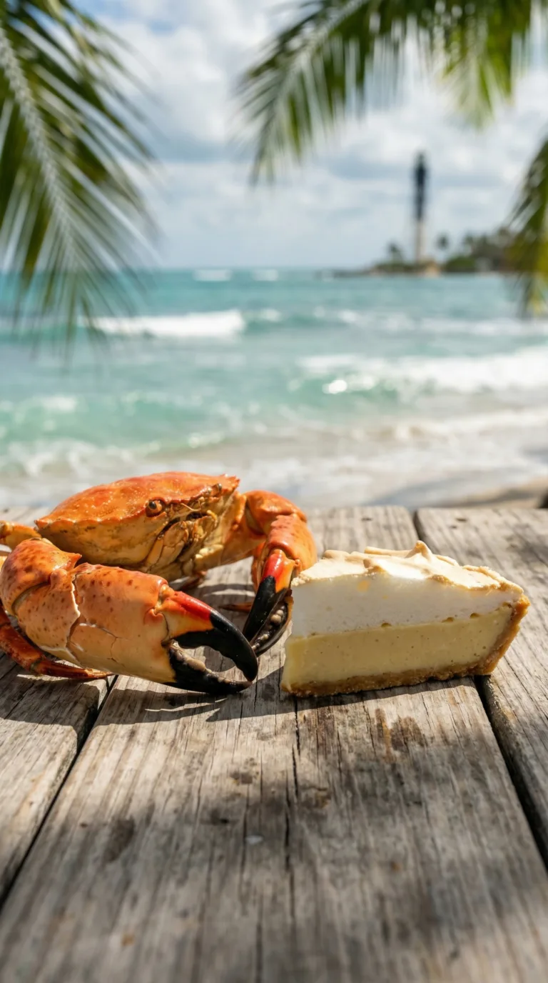 Fresh stone crab claws and Key lime pie on table with ocean view Florida Keys