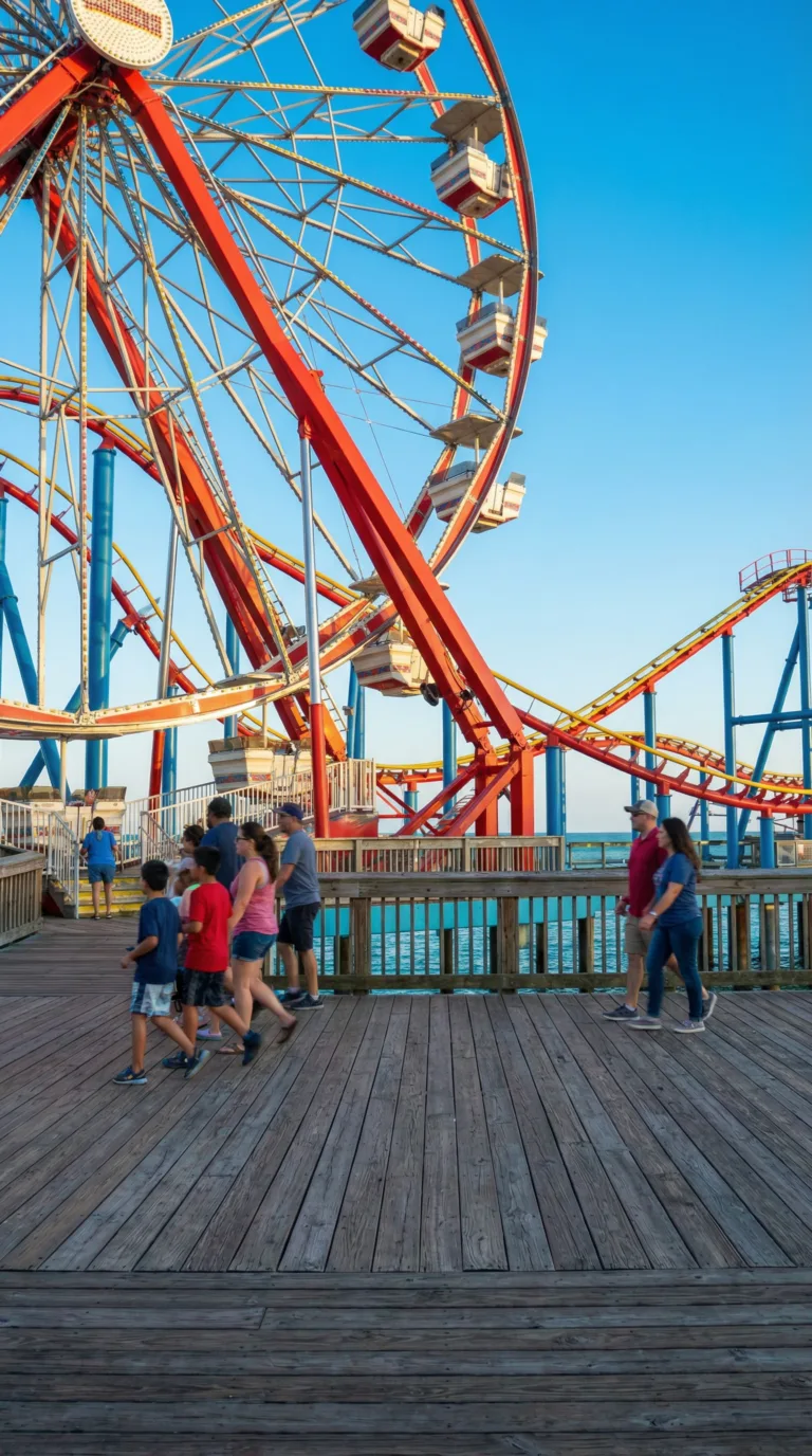 Galveston Island Historic Pleasure Pier with amusement rides and boardwalk over Gulf waters