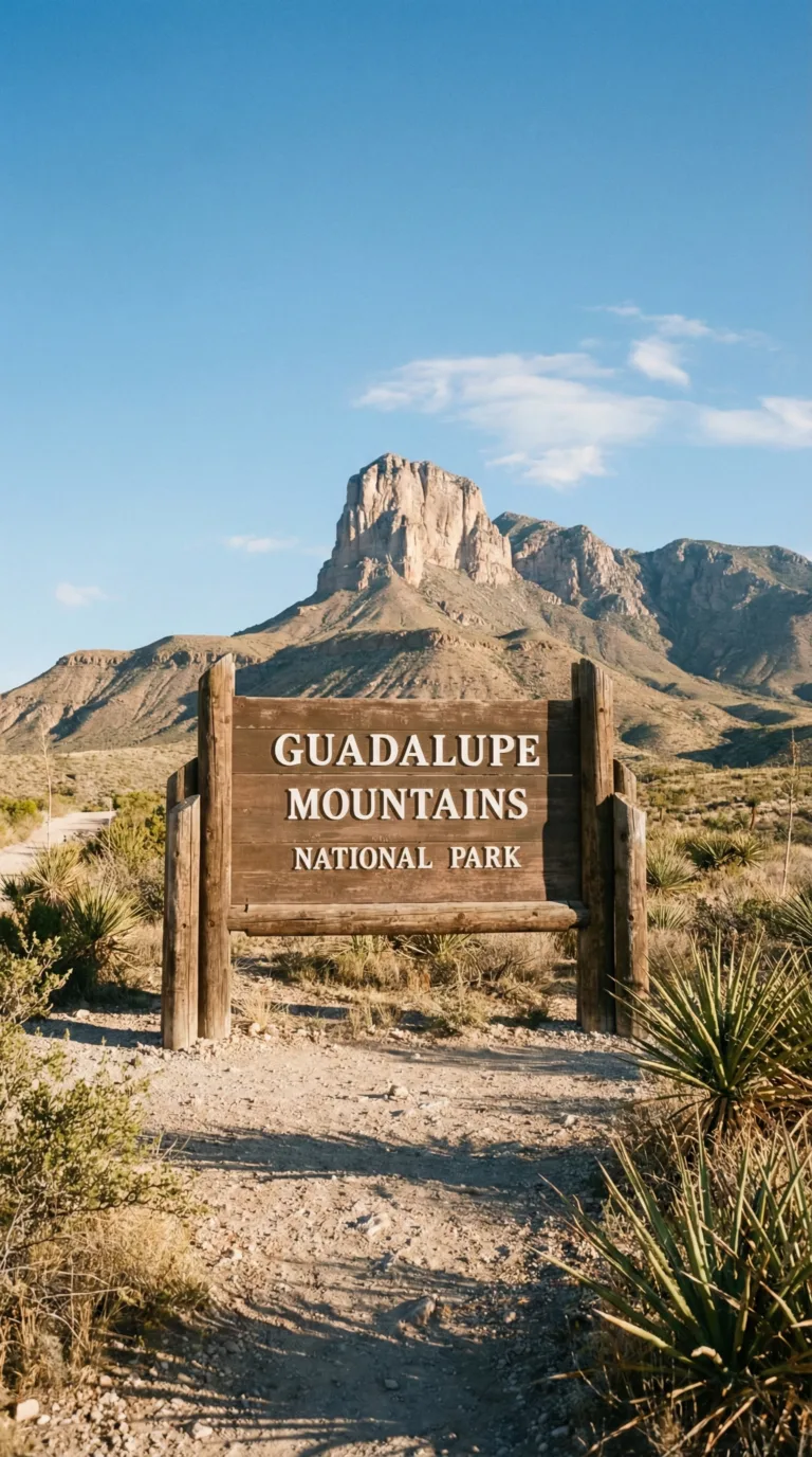 Guadalupe Mountains National Park entrance sign with mountain peaks in background