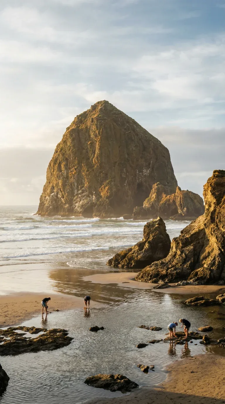 Haystack Rock at Cannon Beach Oregon during low tide with tide pools and beachcombers