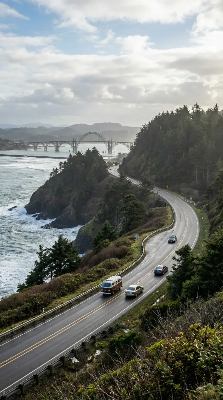 Highway 101 scenic coastal drive approaching Yaquina Bay Bridge in Newport Oregon