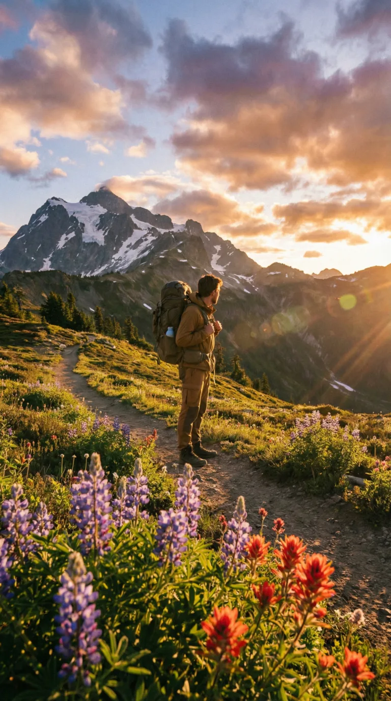 Hiker on alpine trail with wildflowers and Cascade peaks in summer