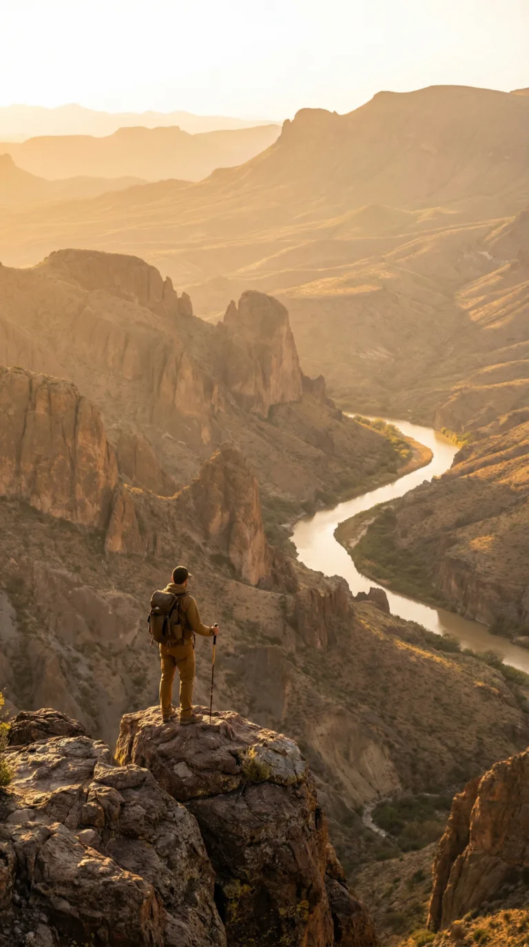 Hiker overlooking Big Bend National Park Chisos Mountains at sunset