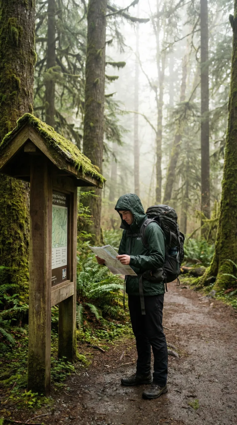 Hiker preparing for trail at Olympic National Park rainforest trailhead with map and rain gear