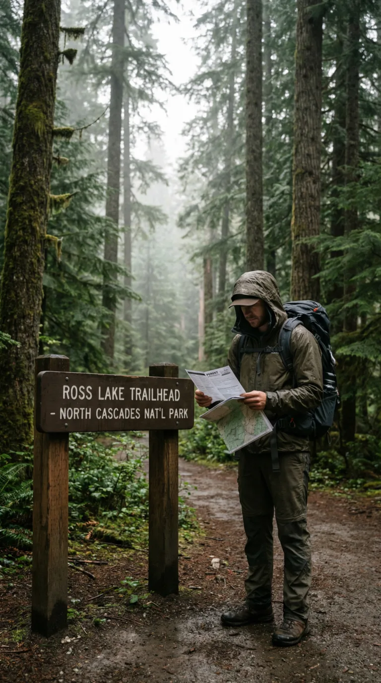 Hiker reviewing backcountry permit at Ross Lake trailhead with forest background
