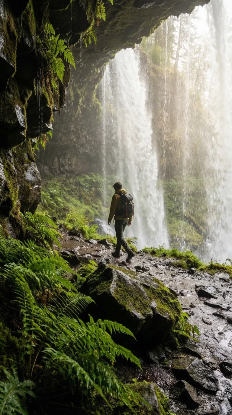 Hiker walking behind North Falls waterfall at Silver Falls State Park through natural basalt cave