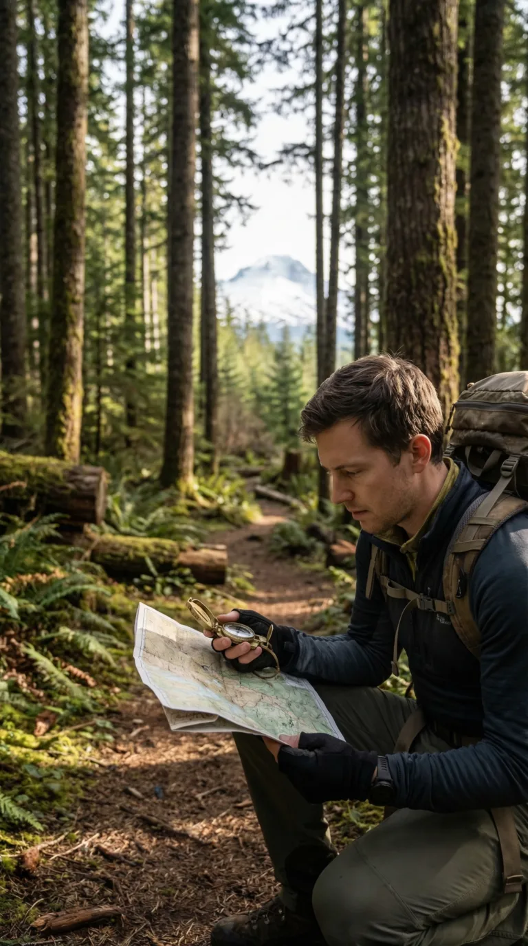 Hiker with map and gear preparing for trail in Mount Hood National Forest