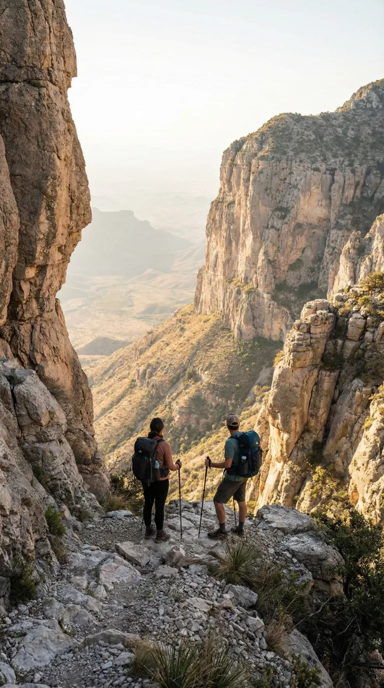 Hikers ascending the challenging Guadalupe Peak Trail in Texas