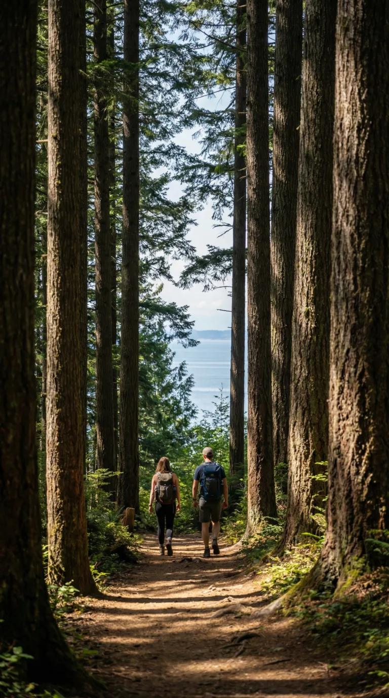 Hikers on forested trail with Bellingham Bay views in Washington