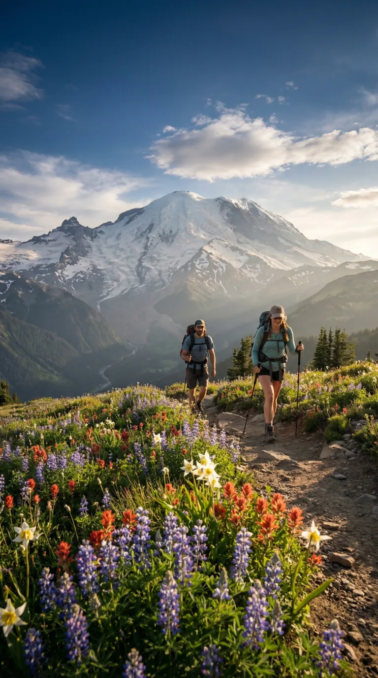 Hikers on Skyline Trail at Paradise with Mount Rainier summit and wildflowers