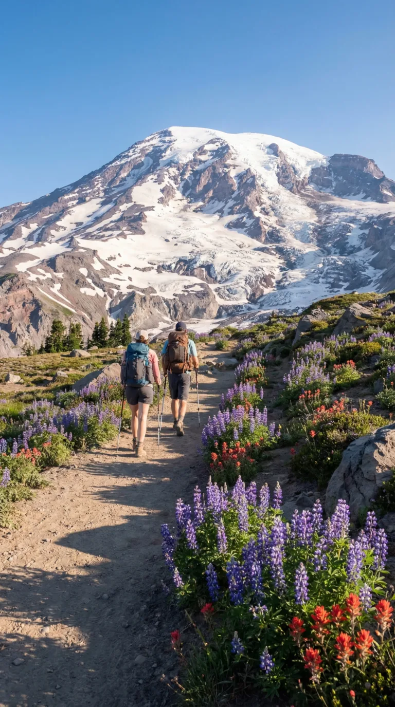 Hikers on Timberline Trail with Mount Hood glaciers and wildflowers in Oregon
