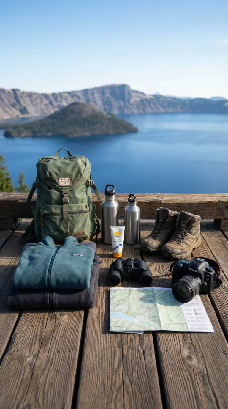 Hiking gear and clothing layers arranged for Crater Lake National Park trip with lake in background